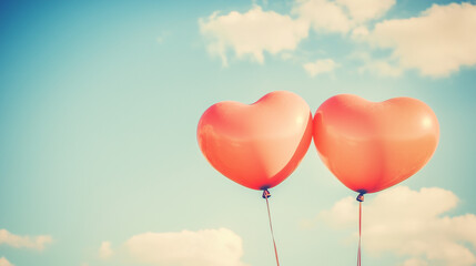 Two heart balloons in pastel sky, love in the air