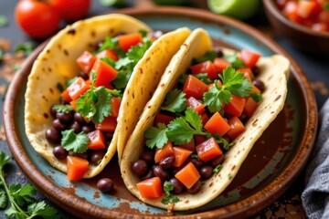 black bean tacos topped with salsa and cilantro, plant protein alternative to meat tacos, festive vibrant food styling