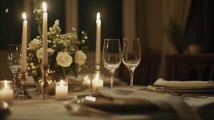 Elegant table setting for a romantic dinner with wine glasses and candles