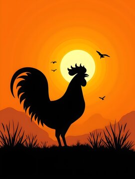 Rooster silhouette against orange sunset with birds and grass illustration in natural landscape scene