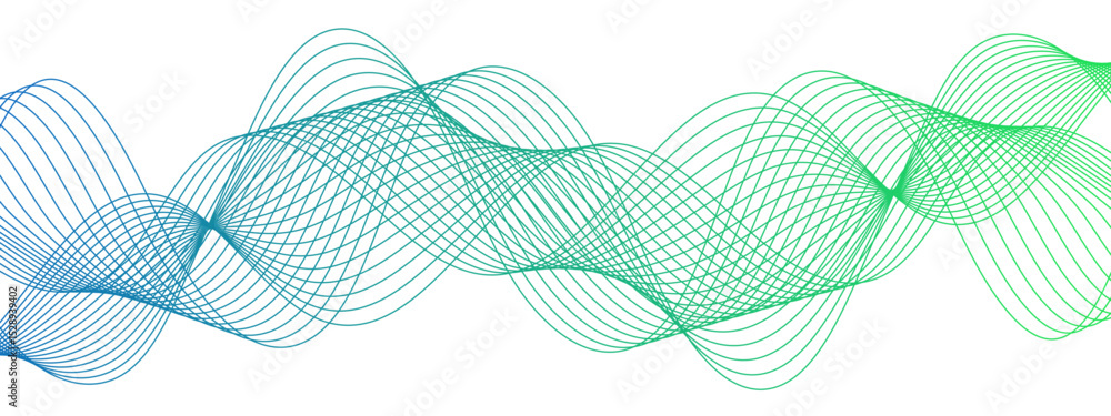 Poster abstract modern background with flowing wave pattern composed of thin, translucent lines in shades o