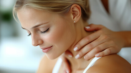 Professional physiotherapist giving neck massage to patient in clinic ,relaxation from spa massage