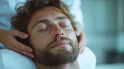 Professional physiotherapist giving neck massage to patient in clinic ,relaxation from spa massage