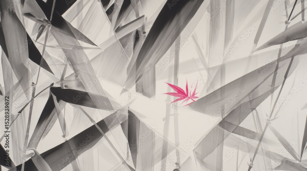 Poster monochromatic bamboo-like leaves with intricate overlapping patterns in black, gray, and white contr