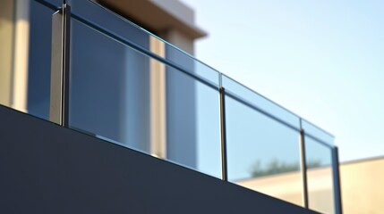 Fototapeta premium Modern glass balcony railing with sleek black metal posts against a blurred building background.