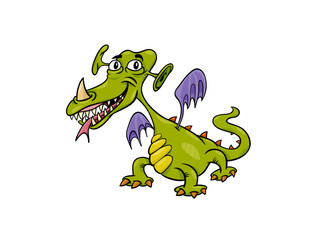 Whimsical Cartoon Green Dragon with Purple Wings and Pointed Horns