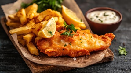 An appetizing serving of fish and chips, perfectly golden and crispy, garnished with lemon slices and fresh parsley, ideal for showcasing delightful culinary experiences.