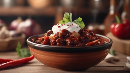 Hearty bowl of chili with sour cream and cilantro in rustic setting