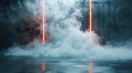 Obraz premium An atmospheric scene featuring swirling smoke illuminated by neon lights creates a thrilling and mysterious ambiance in a dimly lit industrial setting.