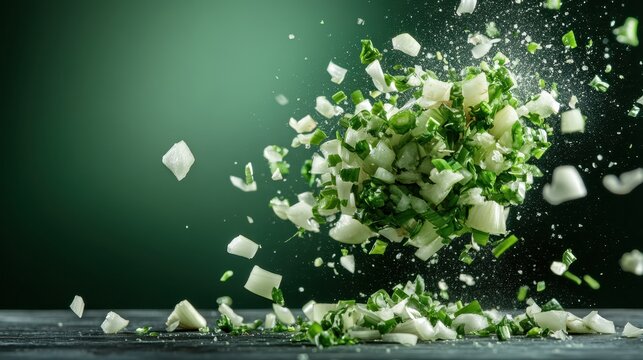 An artistic capture of chopped vegetables mid-air, portraying the vibrancy of cooking and the freshness of ingredients, highlighting culinary creativity and the joy of food preparation.