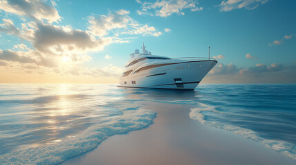 Illustration of luxury cruise ship and speedboat sailing through the vast ocean waters under summer sky ,Yacht sailing in the clear blue sea
