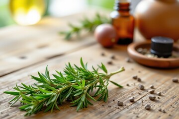 fresh rosemary and thyme sprigs on wooden table, spa setting with soft natural light, herbal massage oil ingredients