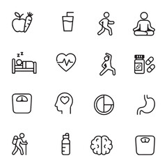 16 Healthy lifestyle icons for wellness and fitness. Line Art for Fitness, Nutrition, and Lifestyle Design. Health Icons Vector Set. Line Art for Wellness, Fitness & Medical Design Projects
