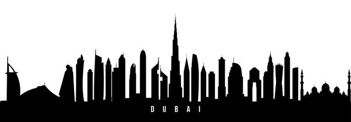 Obraz premium Vector silhouette illustration of Dubai City urban skyline. Modern minimalist cityscape graphic, perfect for travel, banners or backgrounds.