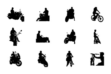 Group of Motorcycle and motorcyclist black silhouettes, each depicting a person riding a motorcycle or scooter. Each silhouette showcases different postures, angles, and types of two-wheelers.