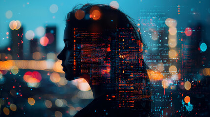 Silhouette of a person in profile with futuristic digital data overlay, city lights in the background, representing technology and innovation.-2.