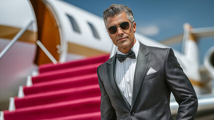 Wealthy executive confidently walks down steps to luxurious private jet with red carpet. Sunny day on tarmac enhances atmosphere. Concept of aviation, luxury travel, corporate events