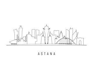 Fototapeta premium Detailed Astana skyline vector illustration. Astana buildings in line art style, perfect for modern designs.