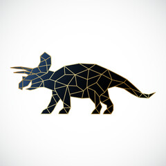 Geometric triceratops silhouette with golden lines for modern design. © greens87