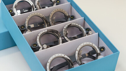 Set of trial frames in different sizes for small children of any age. Essential tool for vision diagnostic to evaluate childrens eye development, screen for sight abnormalities, prescribe glasses