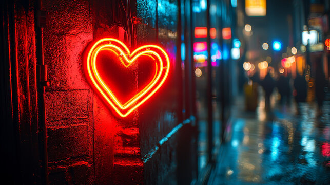 Vibrant neon heart sign glowing in a colorful urban street at night, symbolizing love and romance in a modern cityscape