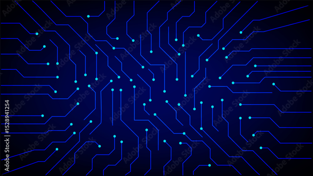 Poster abstract digital circuit board background with glowing blue lines and nodes representing technology,
