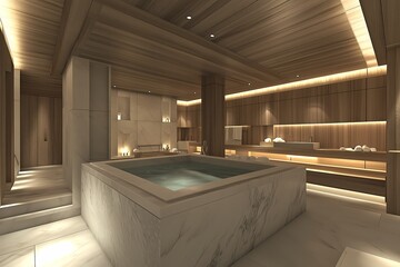 Luxury modern bathroom with marble accents, deep soaking tub, modern lighting, elegant wooden finishes, spacious design