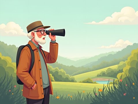 Elderly man birdwatching with binoculars in outdoor nature setting illustration