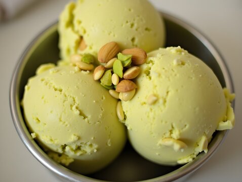 Delicious scoops of pistachio ice cream topped with chopped nuts in a metal bowl.