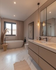 Luxury modern bathroom with marble countertops, sleek fixtures, freestanding bathtub, large mirrors, neutral tones