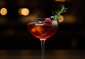 Craft cocktail with garnishes like rosemary and berries, moody dark background with bokeh lights