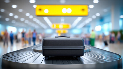 Luggage sits on conveyor belt in bustling airport terminal, surrounded by travelers. Bright lighting enhances busy atmosphere, emphasizing travel excitement