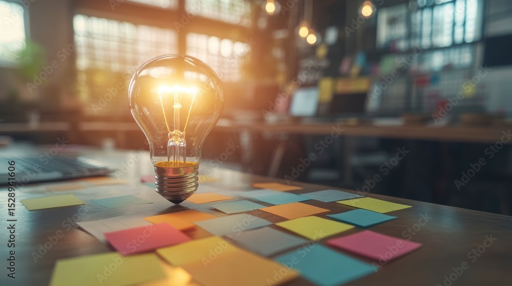Poster glowing lightbulb on desk with colorful sticky notes, symbolizing idea generation and brainstorming 
