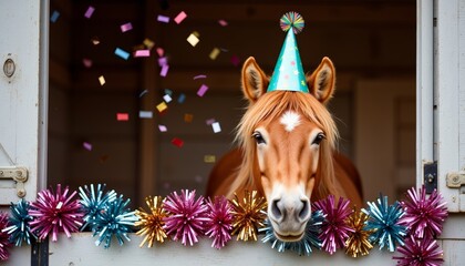 A horse in a decorated stable. A horse in a festive hat celebrates its birthday with colorful decorations