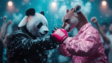 A whimsical scene featuring a panda and a bear engaging in a playful boxing match, capturing the fun and excitement of friendly competition in a vibrant atmosphere.