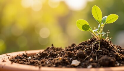 Fresh green seedling growing in soil during sunny afternoon  