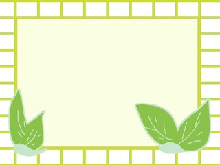 A simple and fresh decorative template with a light green grid border and two green leaf illustrations at the bottom corners