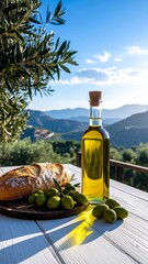 bottle of fresh olive oil with branch with green olives and ciabatta