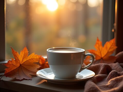 Cozy Autumn Morning with a Warm Cup of Coffee