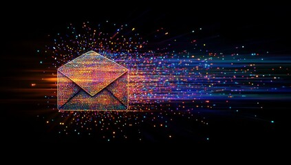 Digital data stream with email icon on a dark background, a cyber security concept. Abstract, futuristic digital technology and an internet network 