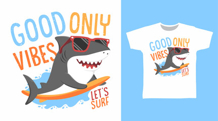 Surfing shark hand drawn illustration vector, ready for print on t-shirt and other uses.