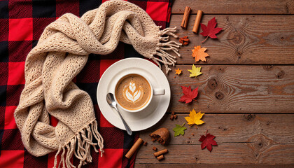 Cozy coffee cup with autumn leaves on wooden table