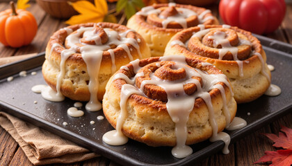 Cinnamon rolls with icing on a baking tray
