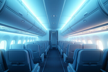 Fototapeta premium An empty airplane cabin with neatly arranged seats and a quiet atmosphere under blue lights.