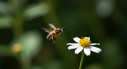 Obraz premium Bee Flying Toward White Flower