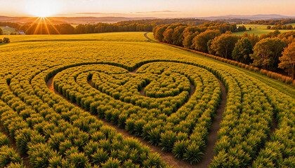 Heart-shaped maze in golden cornfield at sunset