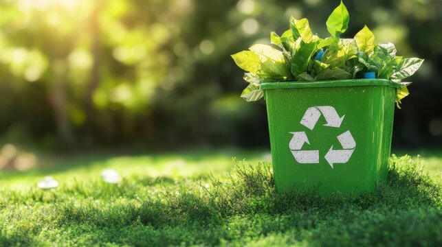 Green recycling bin with plants on lush grass, sunlight. - Powered by Adobe