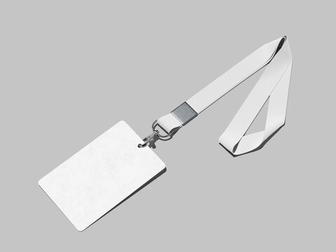 White Blank ID Card with Lanyard Mockup 3D Rendering on Gray Background