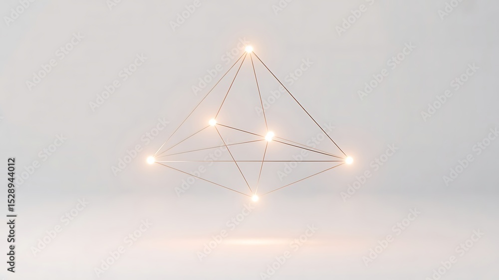 Poster glowing triangular pyramid shape suspended in white space and connected by digital nodes, representi