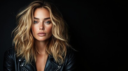 Fototapeta premium A striking close-up portrait of a glamorous woman in a black leather jacket, exuding confidence and allure that captures the essence of modern femininity and elegance in a dramatic light.